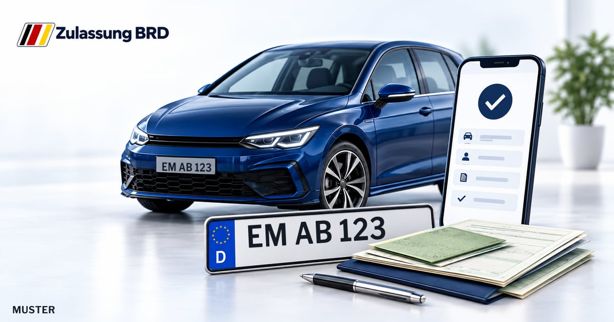 Online Fahrzeugzulassung in Herbolzheim: Musterkennzeichen EM AB 123, Auto und Fahrzeugpapiere und Smartphone. Illustration mit Logo von Zulassung BRD.